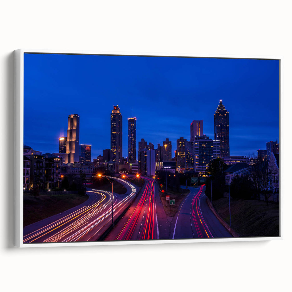 Vintage poster art of Atlanta skyline on a framed canvas, featuring colorful art in extra large size.
