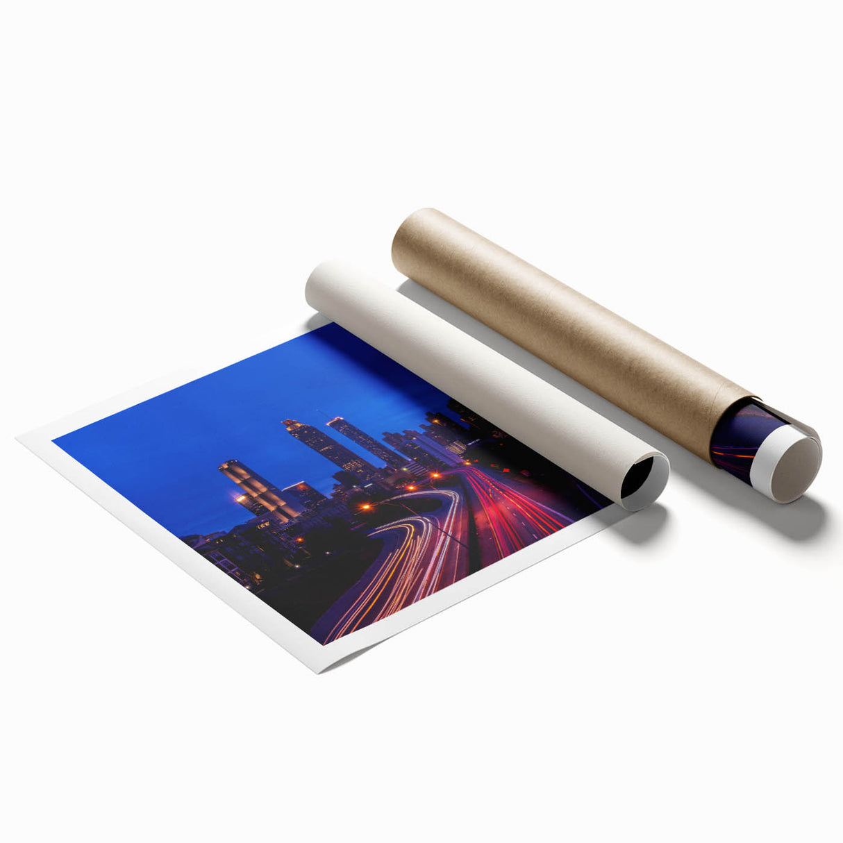Rolled print of Atlanta skyline in muted gray and blue tones, ideal for classy bathroom wall art.