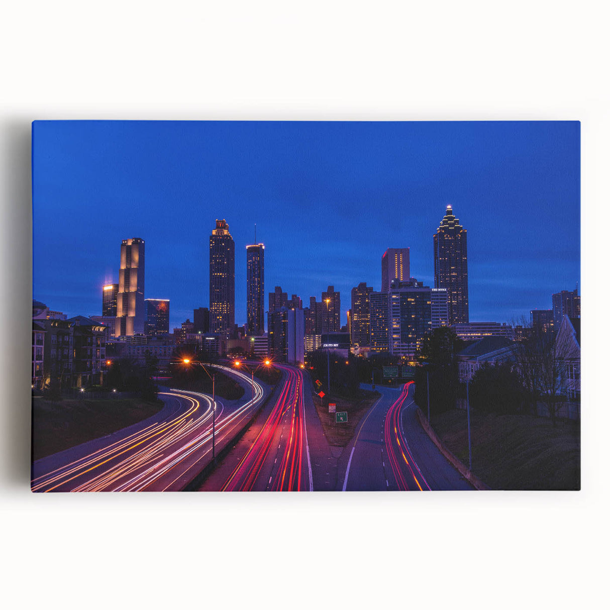 Black and white stretched canvas of the Atlanta skyline, suitable for kitchen wall art.