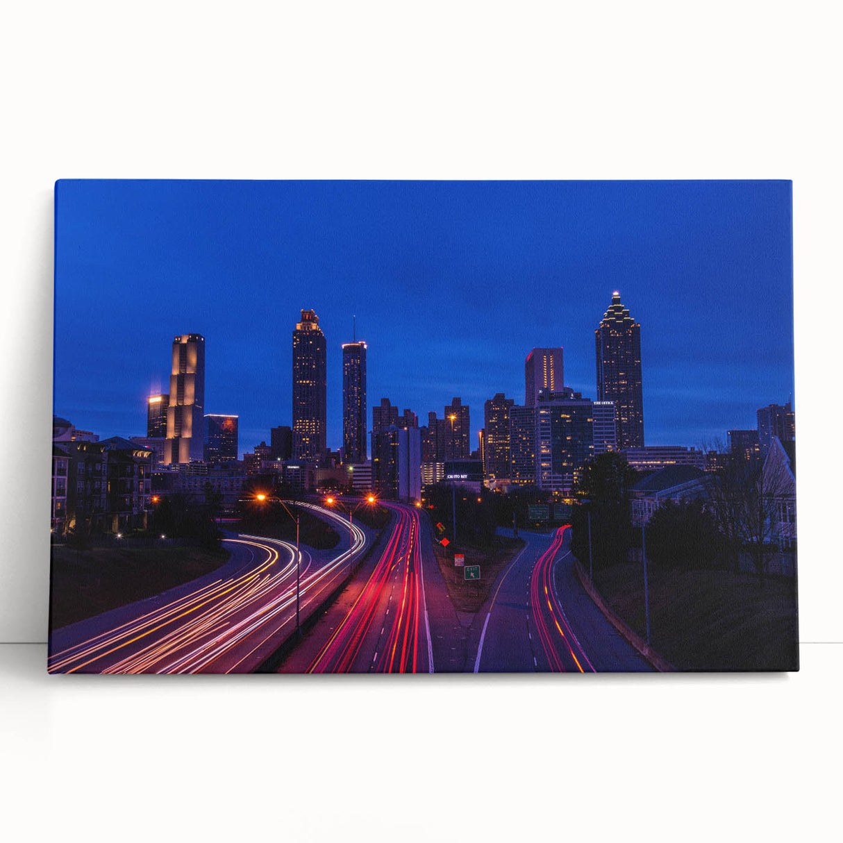 Black and white stretched canvas of Atlanta skyline, ideal for kitchen wall art or bedroom ambiance.