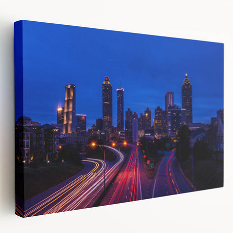 Atlanta skyline depicted in vibrant twilight hues on a large stretched canvas, ideal for kitchen wall art.