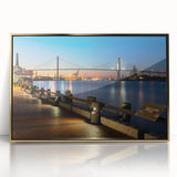 Mid-century modernist Savannah skyline in muted gold and blue tones on a large framed acrylic print.