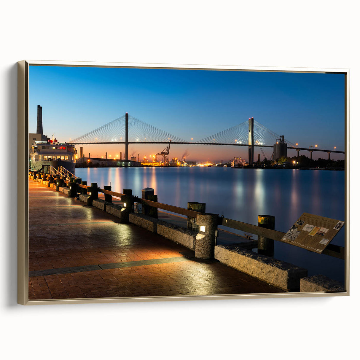 Framed canvas wall art depicting a Savannah, Georgia landscape in muted gold and black tones, suitable for bedroom decor.
