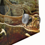 Large abstract depiction of Kauai landscape in vibrant green and blue tones on acrylic glass, ideal for dining room art.