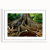 Abstract art print of Kauai landscape in muted green and blue tones on a framed white mat, ideal for dining room decor.