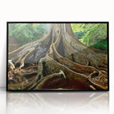 Large abstract wall art of Kauai's landscape in muted green and blue tones on a black framed acrylic.