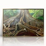 Mid-century modernist acrylic print of a serene Kauai landscape in muted green and blue tones.