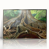 Mid-century modernist art depicting Kauai landscape in acrylic, with silver frame, suitable for modern art wall decor.