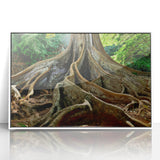 Abstract modern art wall decor depicting Kauai scenery in muted green and blue tones, framed in white acrylic.