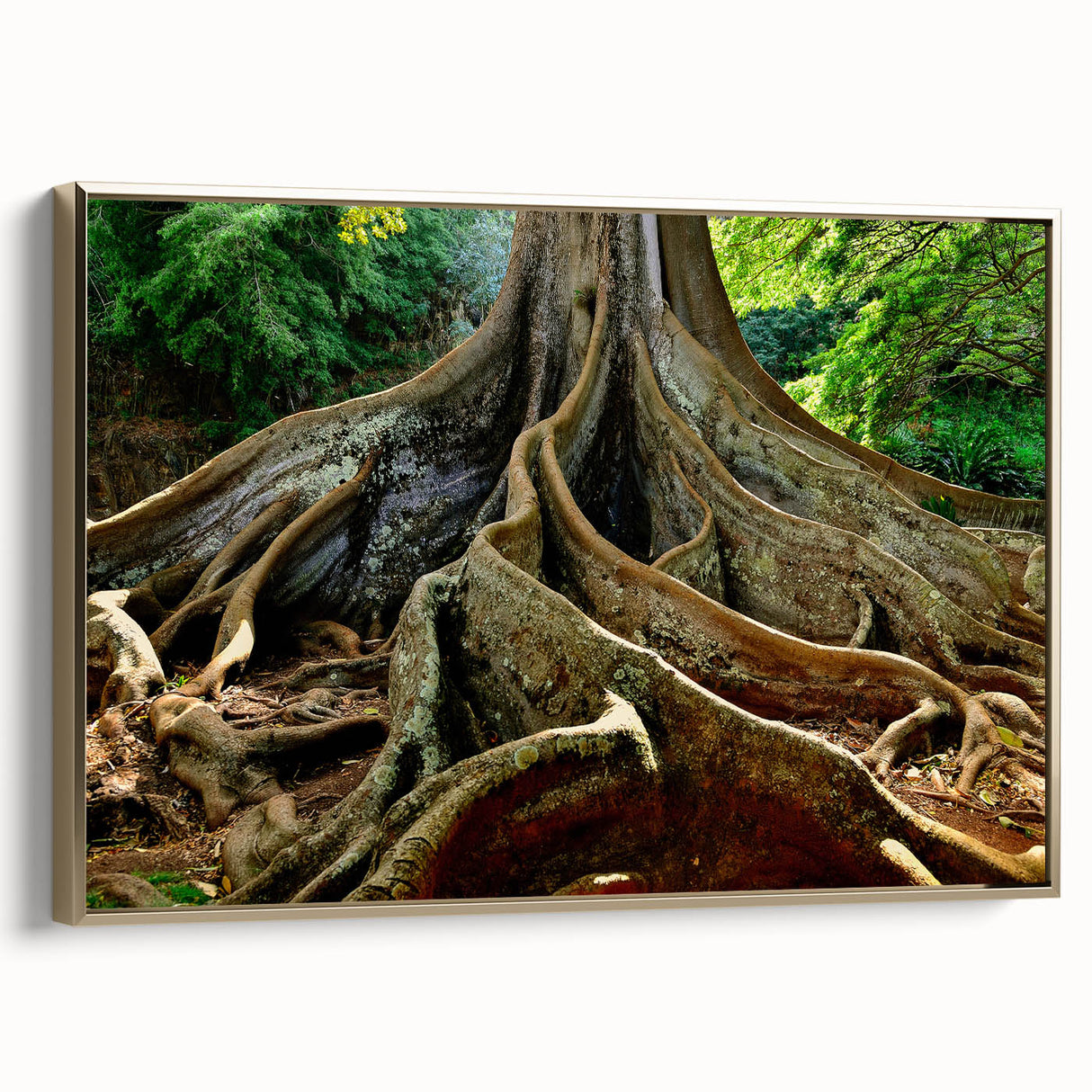 Framed canvas depicting a vintage-style landscape of Kauai, Hawaii, in muted gold and black tones, ideal for bedroom decor.