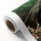 Art Deco poster of Kauai scenery on rolled canvas, featuring vivid green and blue tones.