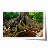 Rolled print of Kauai landscape with lush greenery and waterfalls, in vibrant green and blue tones.