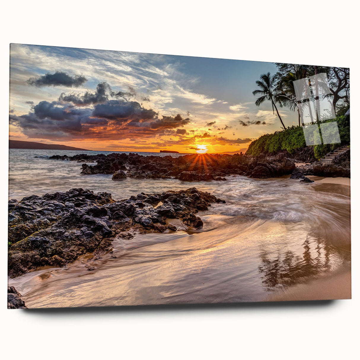 Large abstract wall art of Maui coastline in muted blue and green tones on acrylic glass.
