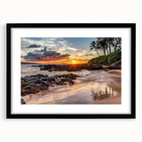 Extra large textured abstract art print featuring vibrant colors of Maui scenery, framed in black.