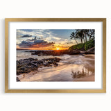 Extra large abstract art print depicting a textured Maui landscape in muted earth tones, framed in gold.