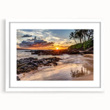 Abstract art print of a vibrant Maui landscape in pastel shades, framed in white, suitable for bedroom or dining room decor.