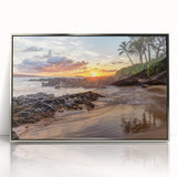 Mid-century modernist art depicting a serene Maui landscape in cool blue tones, framed in silver acrylic.