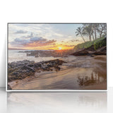 Art deco poster of a tranquil Maui beach scene in pastel shades, framed in white acrylic, ideal for nursery wall art.