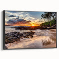Black and white wall art featuring a vintage poster-style landscape of Maui on a framed canvas, ideal for bedroom decor.