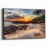 Black and white wall art featuring a vintage poster-style landscape of Maui on a framed canvas, ideal for bedroom decor.