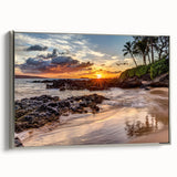 Framed canvas depicting a colorful Maui landscape with vintage poster art style, ideal for living room decor.