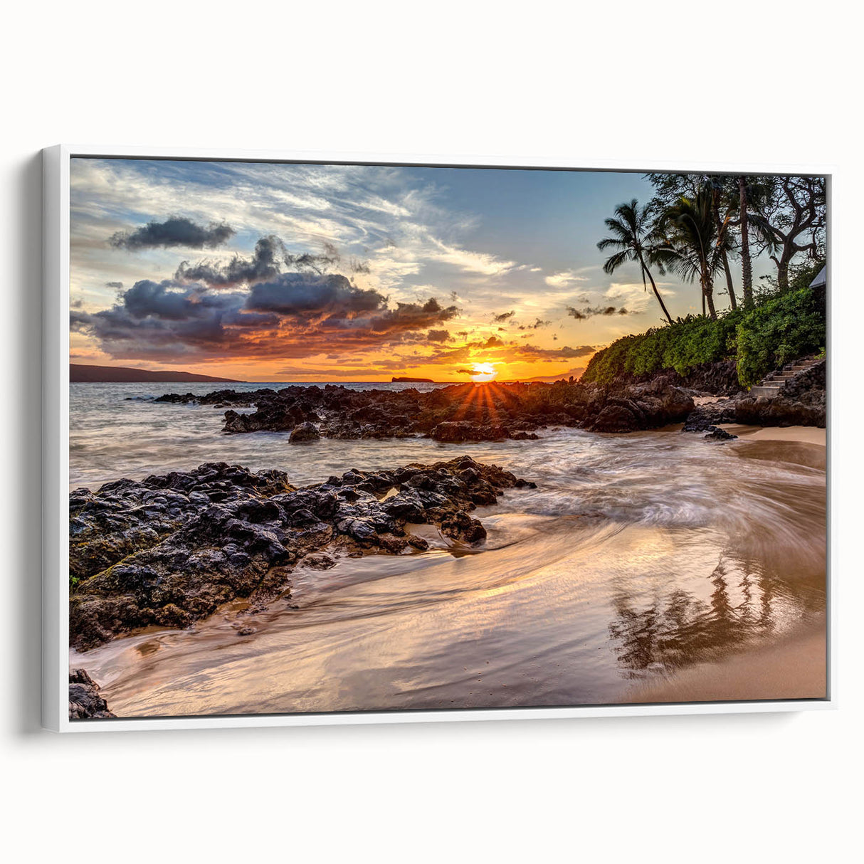 Vintage poster art of Maui with colorful palette on extra large framed canvas, ideal for living room decor.