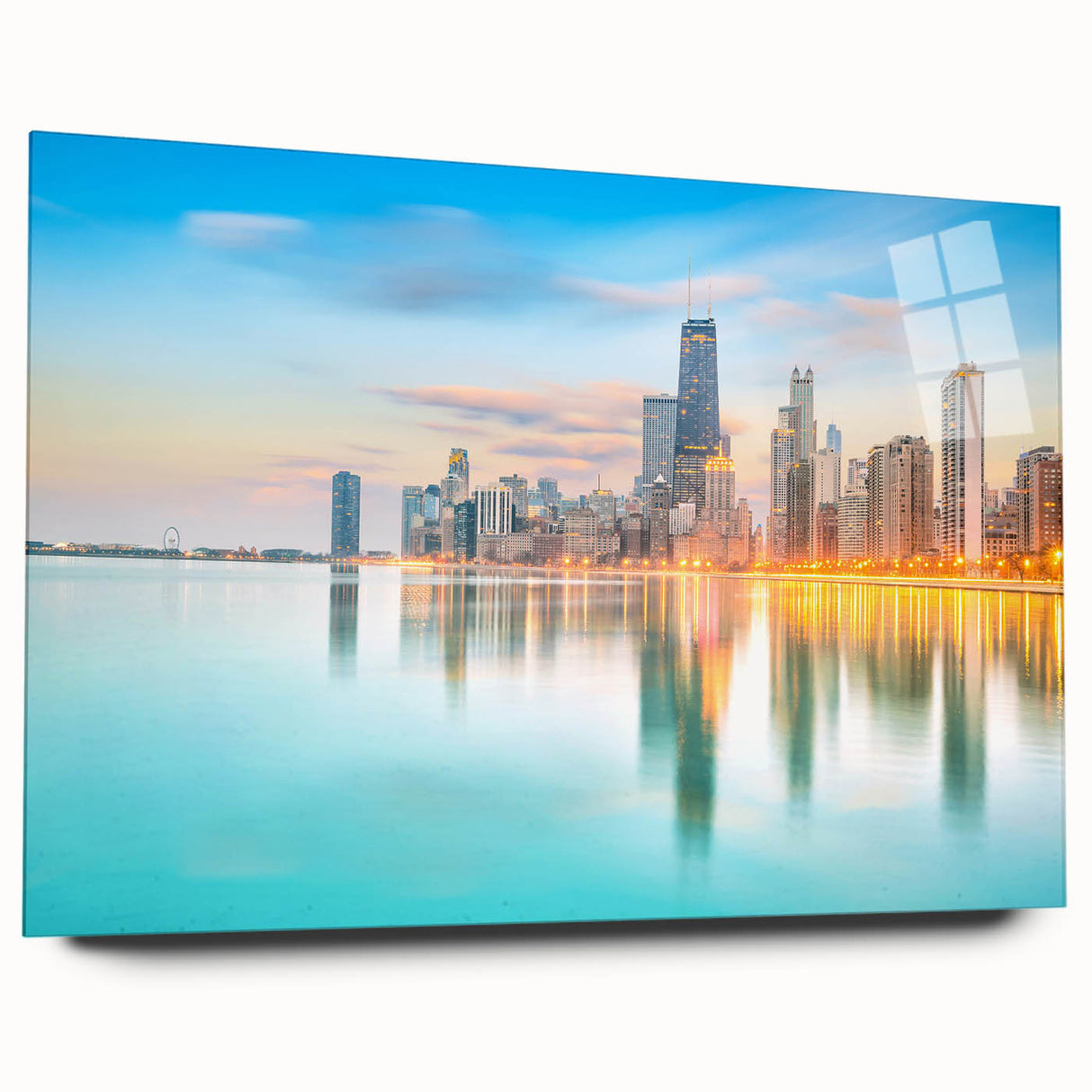 Large abstract wall art of Chicago skyline in muted blue and grey tones on acrylic glass.