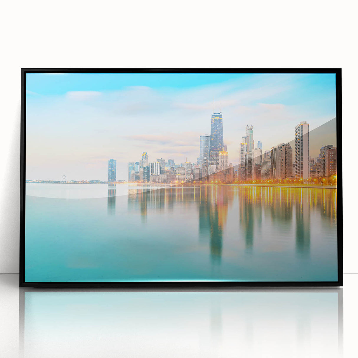 Large abstract wall art of Chicago skyline in black and white, acrylic print in a black frame.