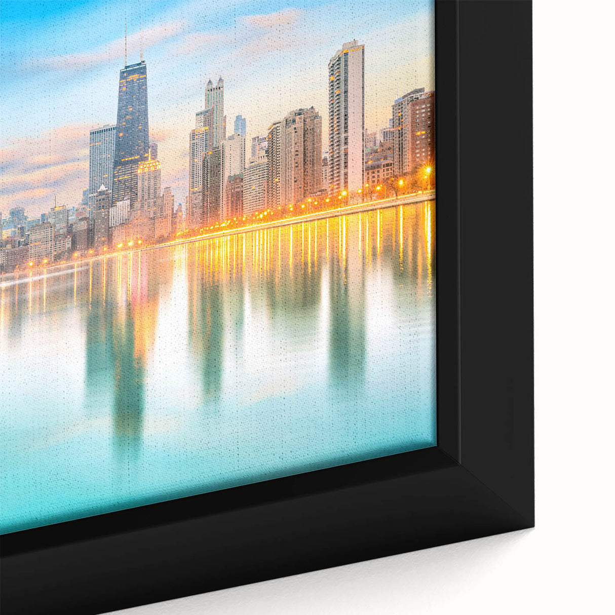 Extra large framed canvas featuring a textured depiction of the Chicago skyline in black with colorful art accents.