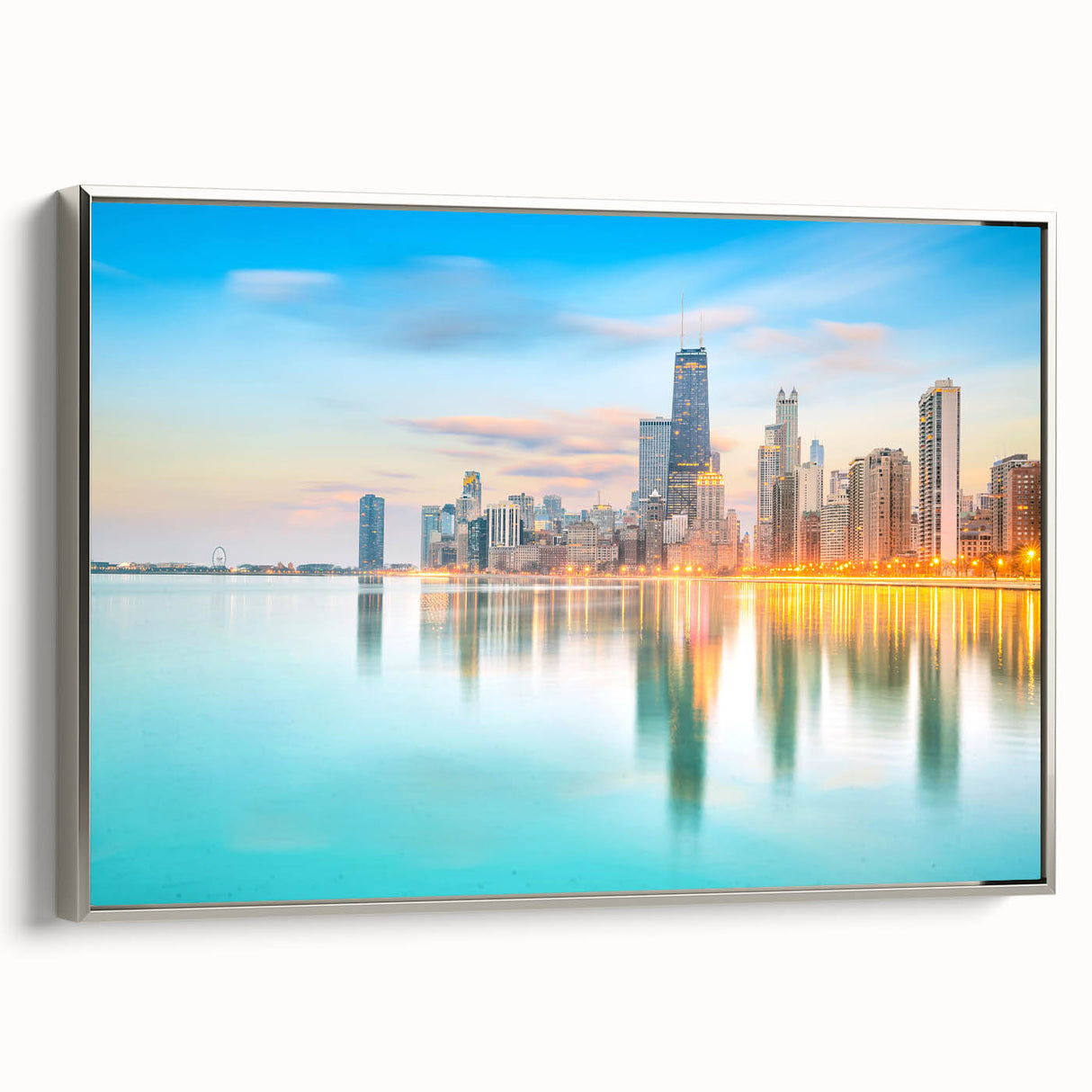 Framed canvas of a vintage-style Chicago skyline landscape in muted black and colorful tones, ideal for office decor.