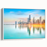 Vintage poster art of Chicago skyline in colorful hues on extra large framed canvas, suitable for living room wall.