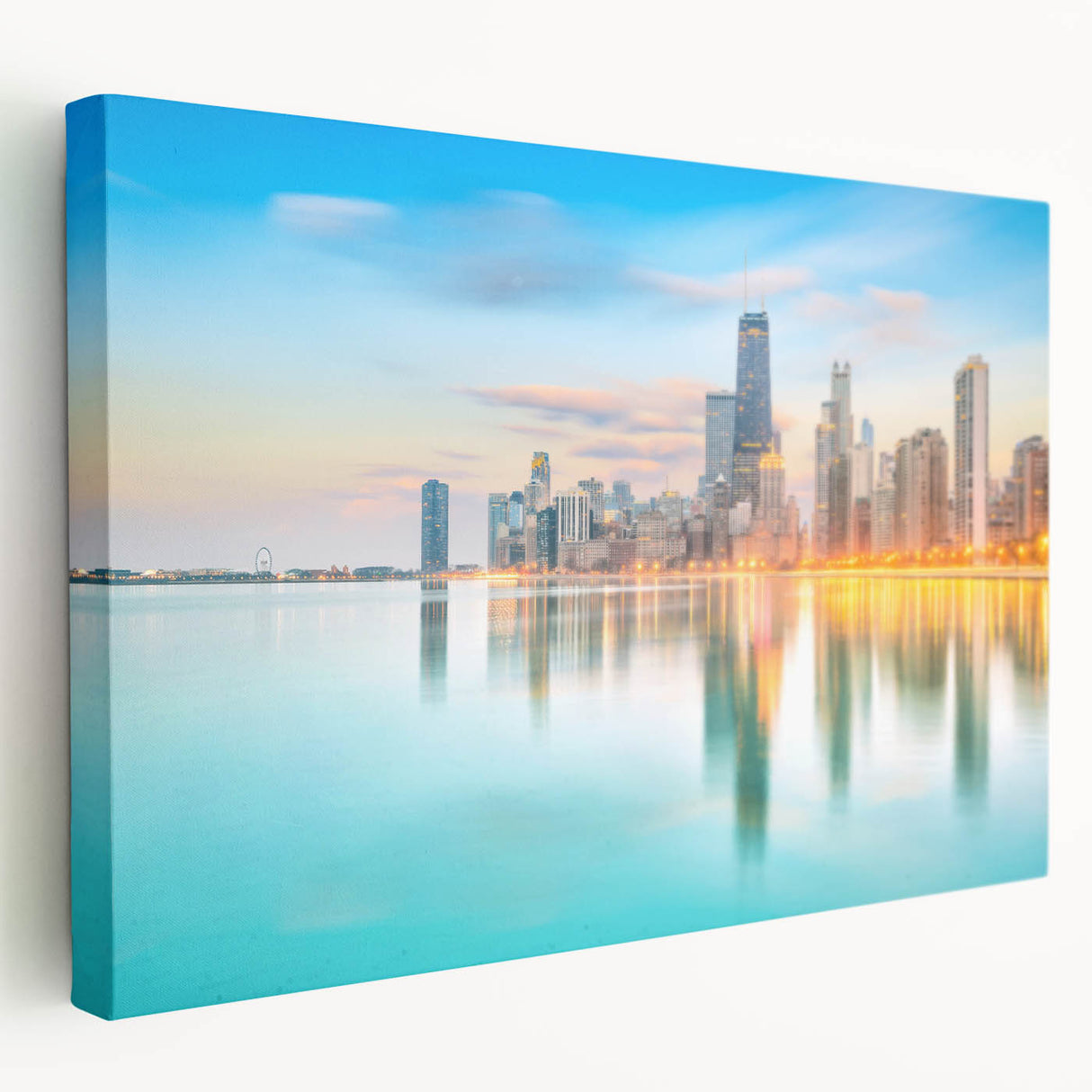 Chicago skyline depicted in muted grayscale on a large stretched canvas, ideal for kitchen wall art.