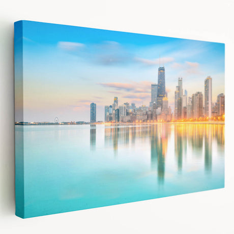 Chicago skyline depicted in muted grayscale on a large stretched canvas, ideal for kitchen wall art.