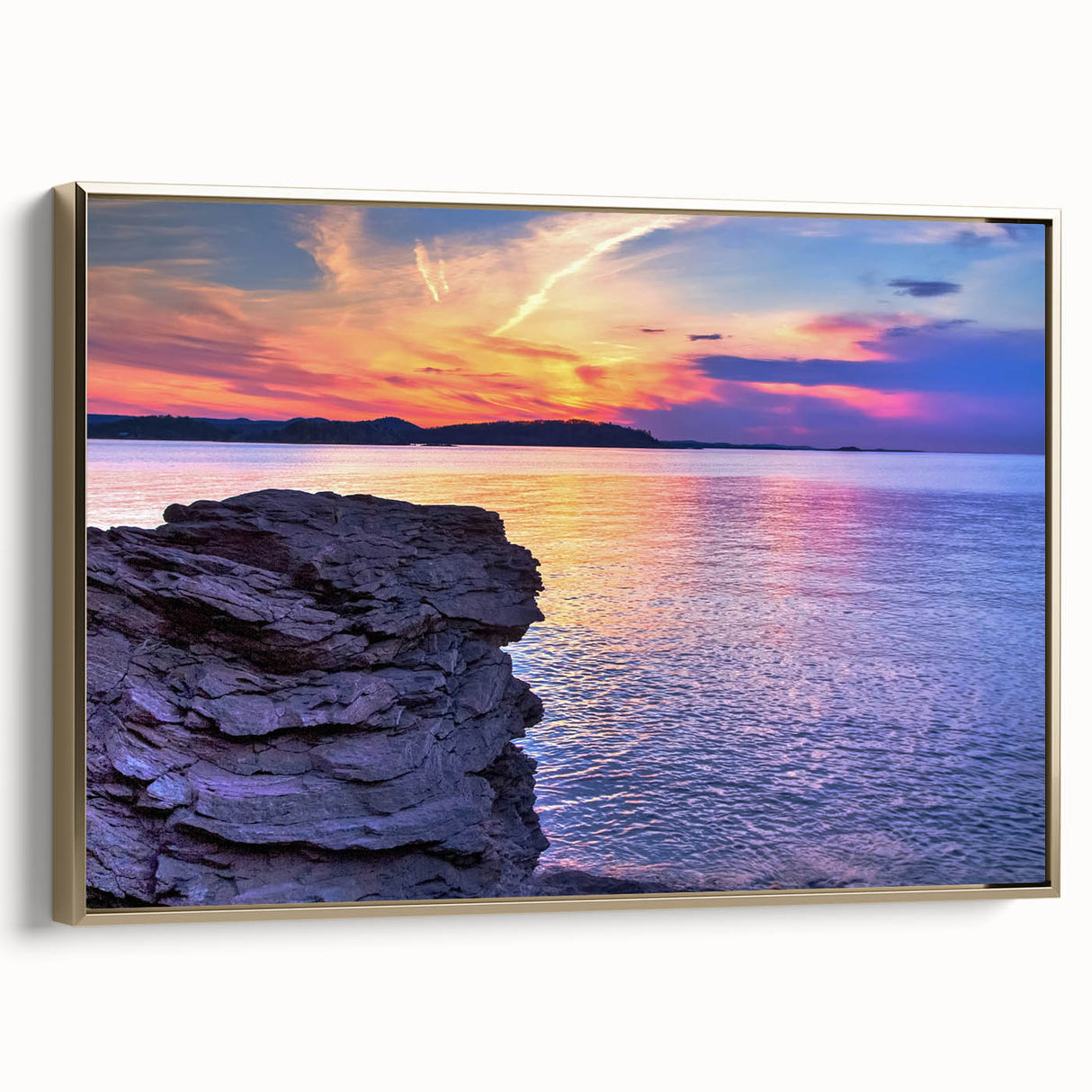 Framed canvas of a vintage-style Lake Michigan landscape in black and gold tones, ideal for bedroom wall art.