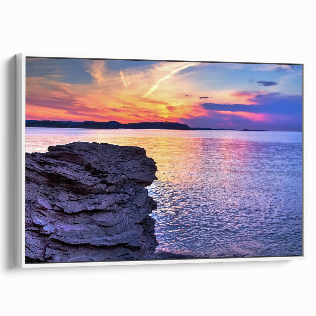 Vintage poster art of Lake Michigan, featuring vibrant colors on a framed canvas, ideal for living room decor.