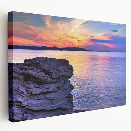 Large art of Lake Michigan, featuring muted blue and gray tones on stretched canvas, ideal for kitchen wall art.