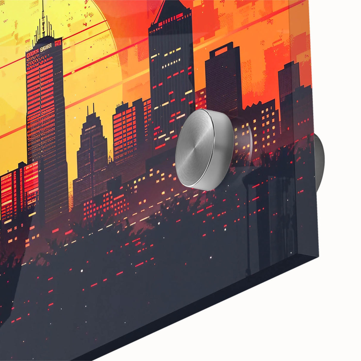 Acrylic print of a large abstract depiction of Indianapolis skyline in muted earth tones, ideal for dining room art.