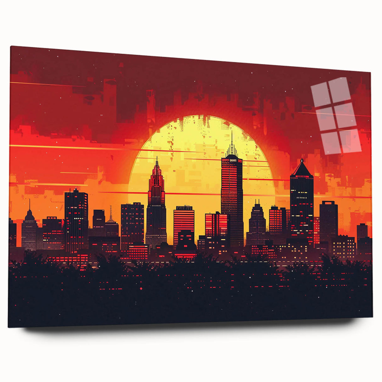 Acrylic print of a large abstract depiction of Indianapolis skyline in muted blue and gray tones.