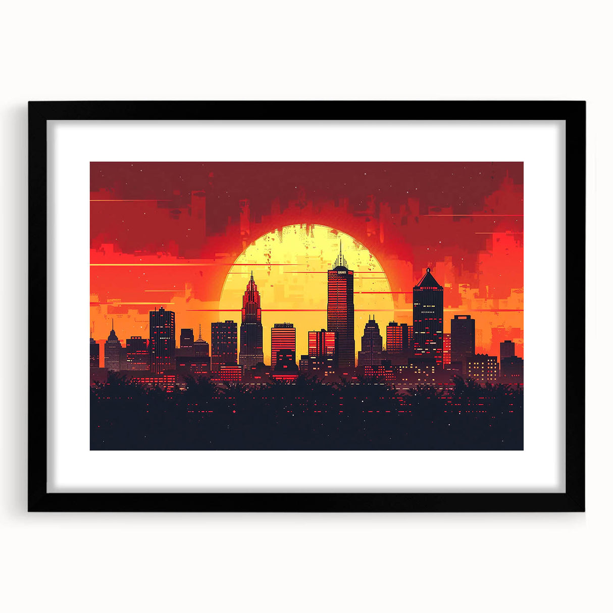 Extra large abstract art print of Indianapolis skyline in vibrant, colorful hues on a textured canvas.