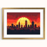 Extra large abstract art print of Indianapolis skyline in muted gray and gold tones, framed with a gold mat.