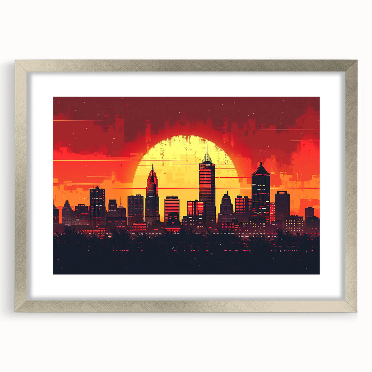 Textured abstract art print of Indianapolis skyline in muted gray and blue tones on a framed silver mat.