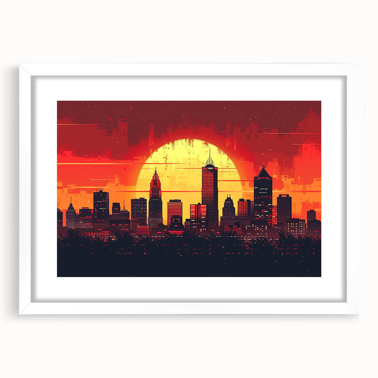 Abstract art print of Indianapolis skyline in muted blue and gray tones on a framed white mat, ideal for dining room decor.