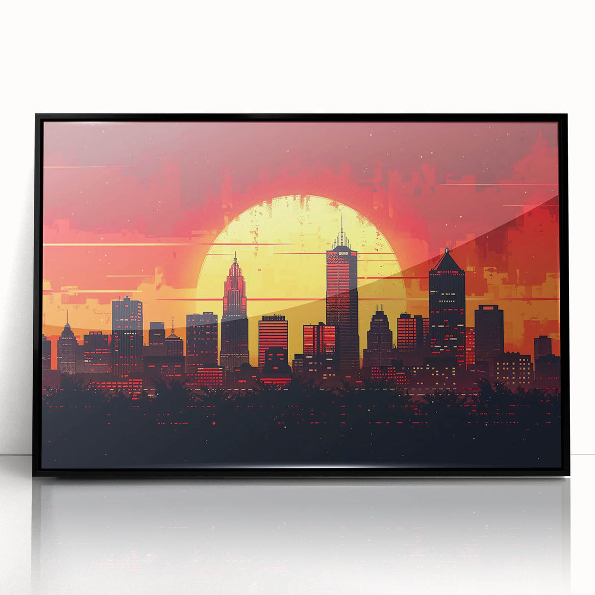 Large abstract wall art of Indianapolis skyline in muted gray and blue tones on framed acrylic.