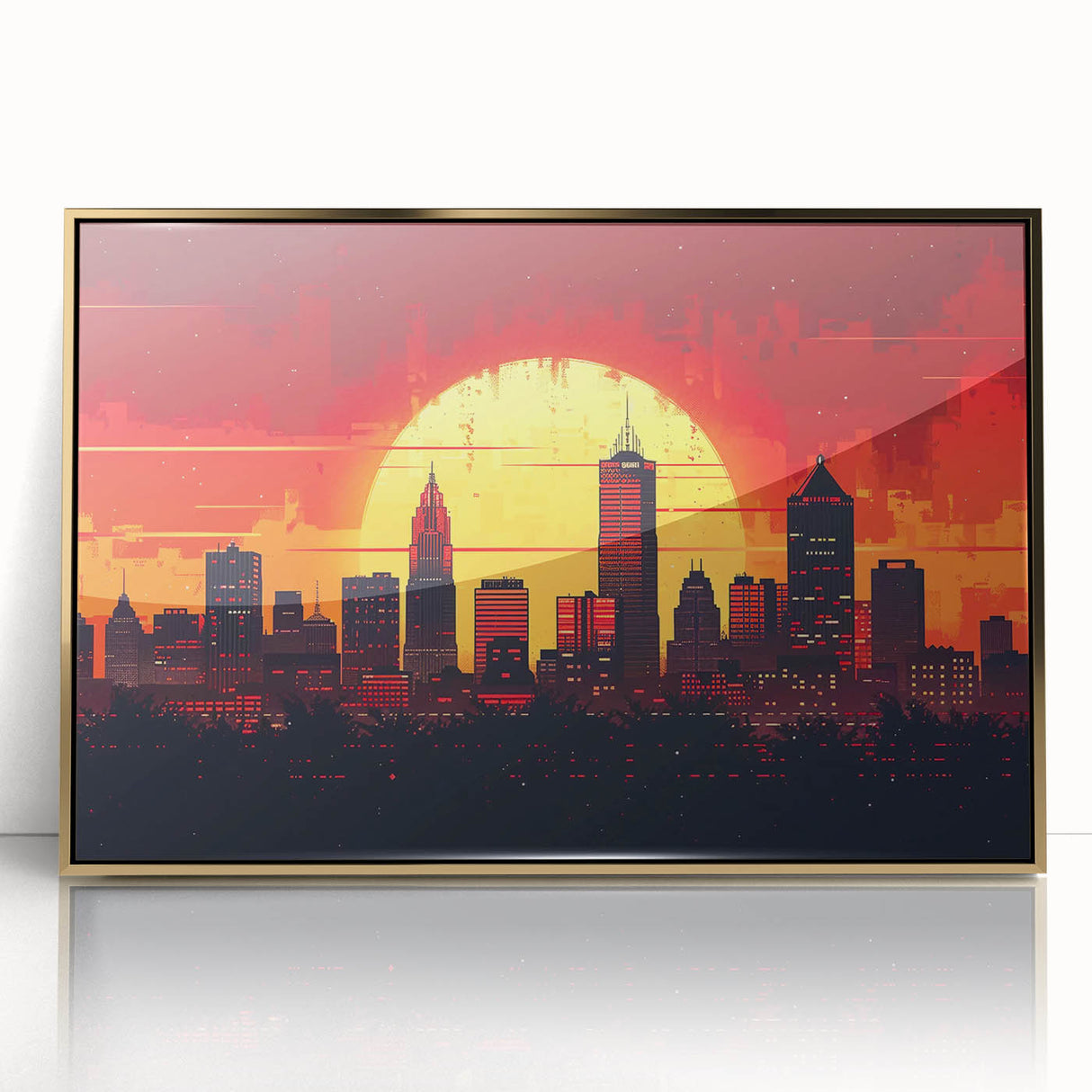 Framed acrylic print of Indianapolis skyline in muted gold and gray, ideal for modern art wall decor.