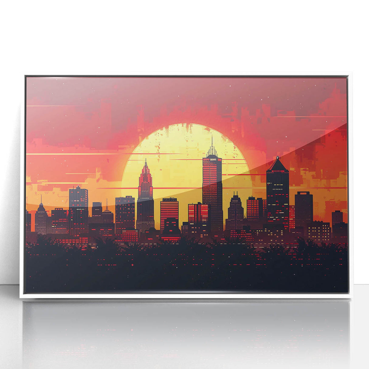 Acrylic print of Indianapolis skyline in monochrome, framed in white, suitable for modern art wall decor.
