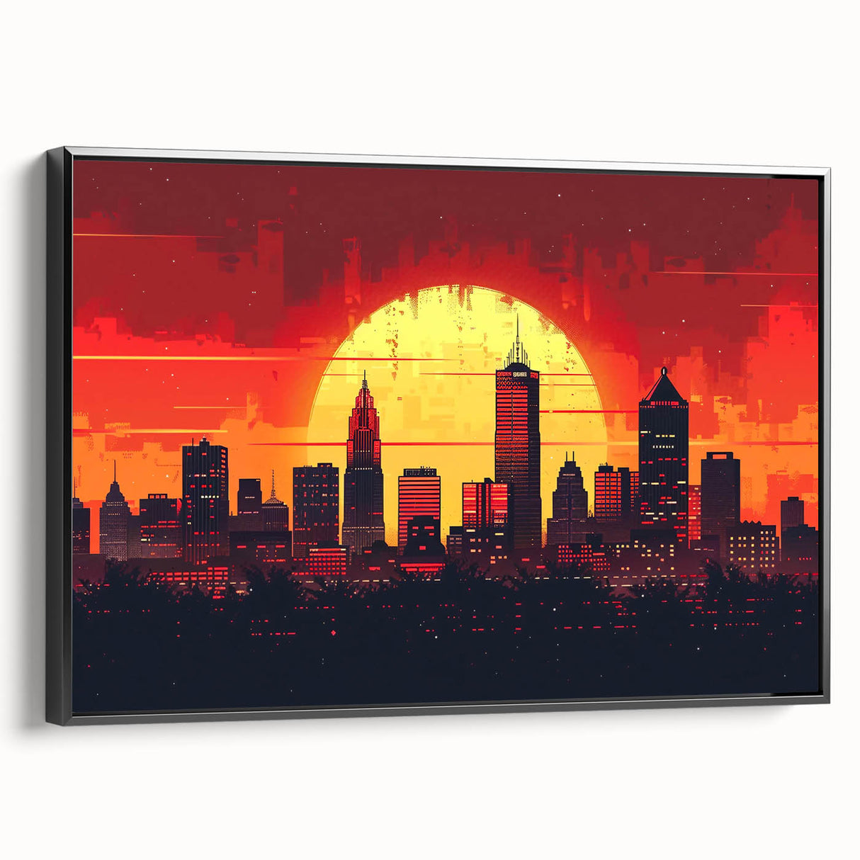 Black and white framed canvas of Indianapolis landscape in vintage poster style, ideal for bedroom decor.