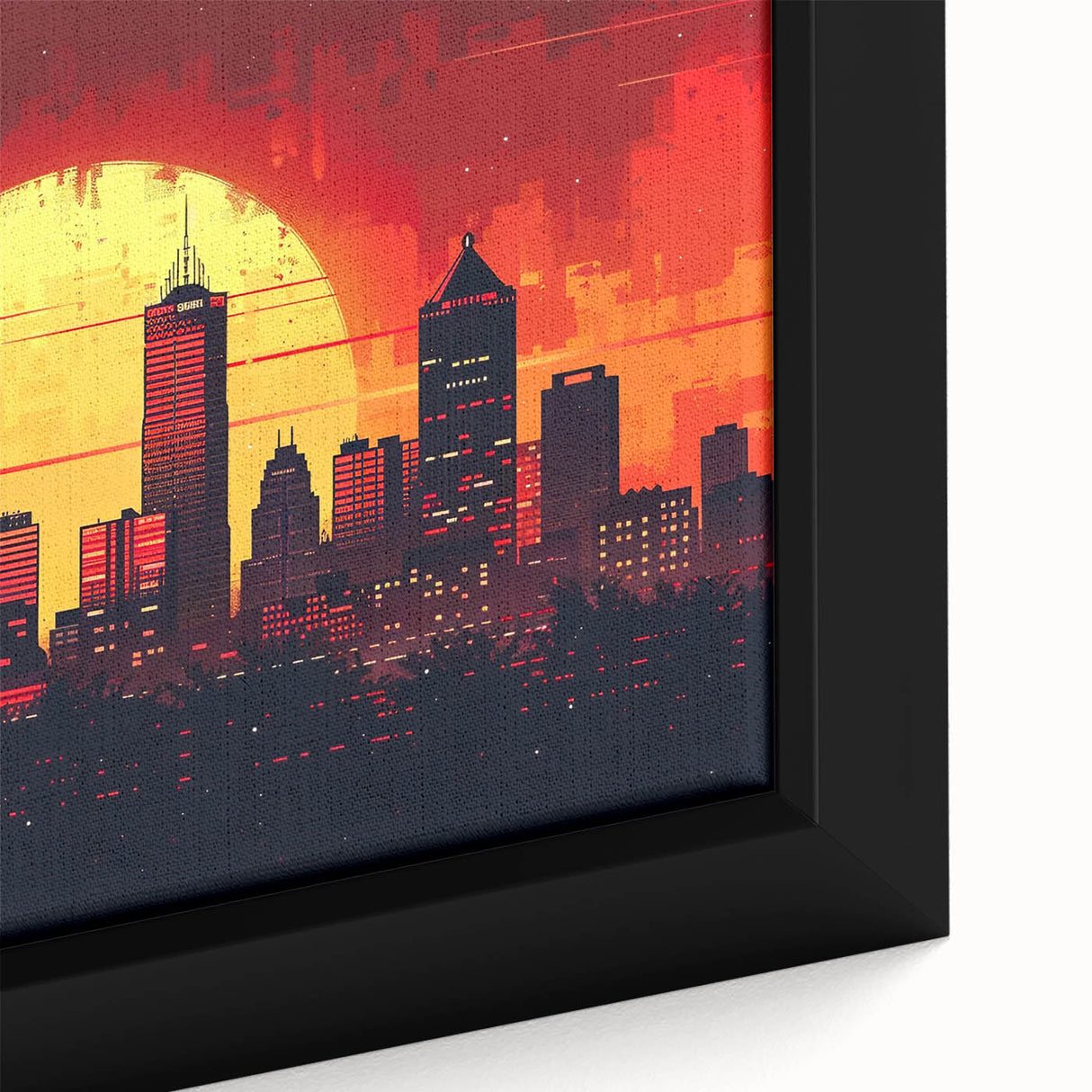 Extra large framed canvas of Indianapolis skyline in black with colorful, textured highlights, ideal for living room decor.