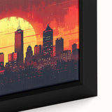 Extra large framed canvas of Indianapolis skyline in black with colorful, textured highlights, ideal for living room decor.