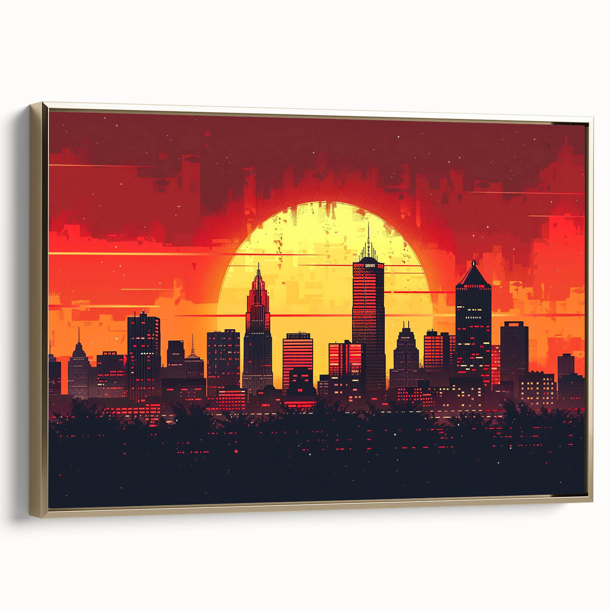 Framed canvas depicting a vintage-style Indianapolis landscape in black and gold tones, ideal for bedroom wall art.