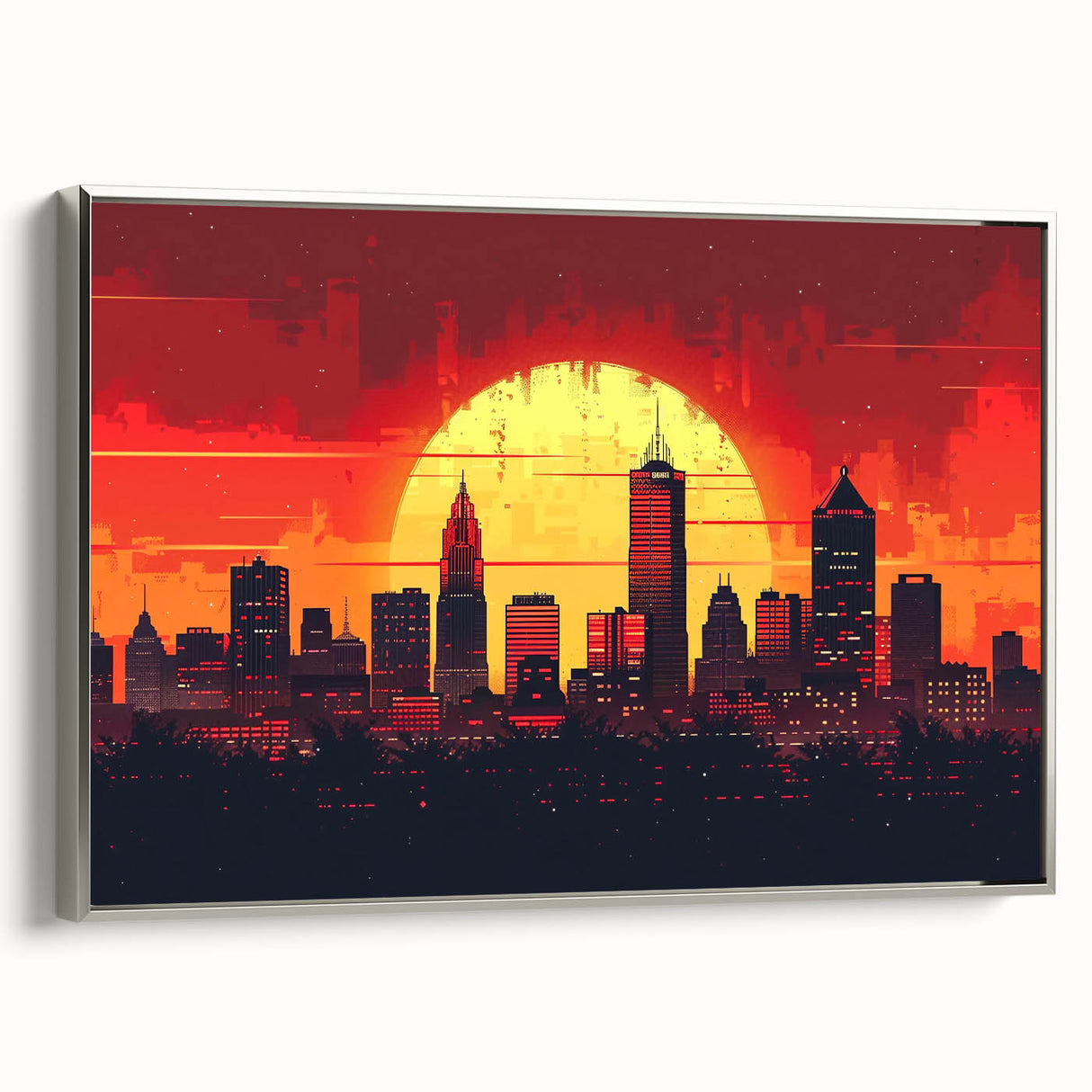 Framed canvas of Indianapolis skyline in colorful art style, set against a black background, ideal for office decor.